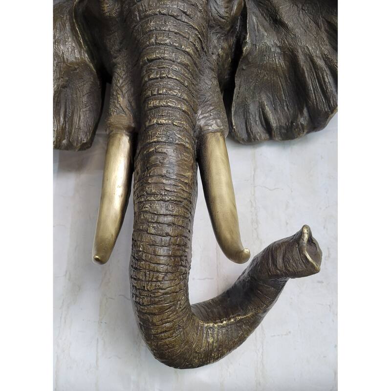 Wall Mounted Hanging Bronze Imitative Elephant Head Bust Sculpture Statue Decor Signed Original Art
