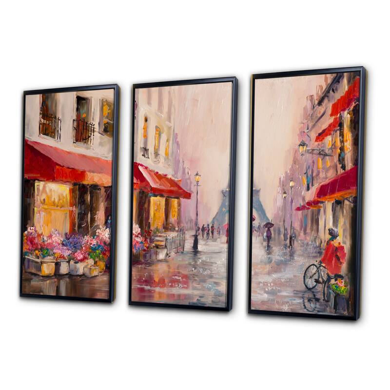 Designart "Lovers in Paris Eiffel Tower " Cityscape Framed Art Set of 3 - 4 Colors of Frames