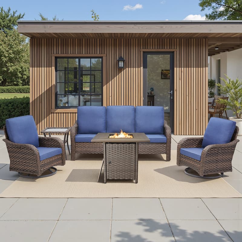 Pocassy Patio Sofa Swivel Chair with Fire Table Funiture - Blue Cushion - Brown Wicker - 5-Piece Sofa Swivel Chair with Fire Table
