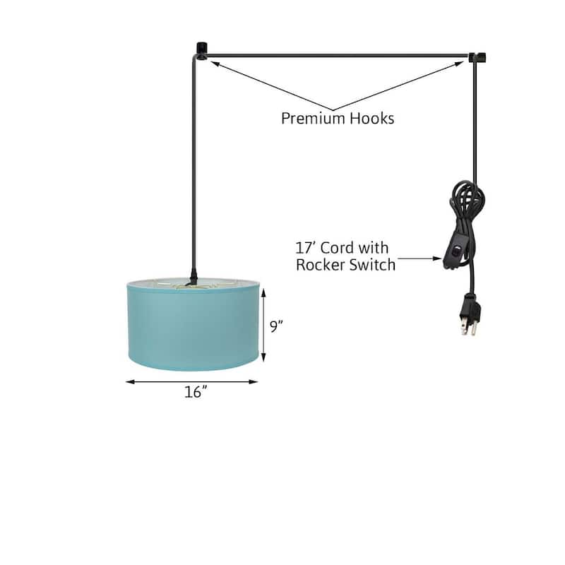 1 Light Swag Plug-In Pendant 16"w Island Paradise Linen Drum Shade, 17' Black Cord