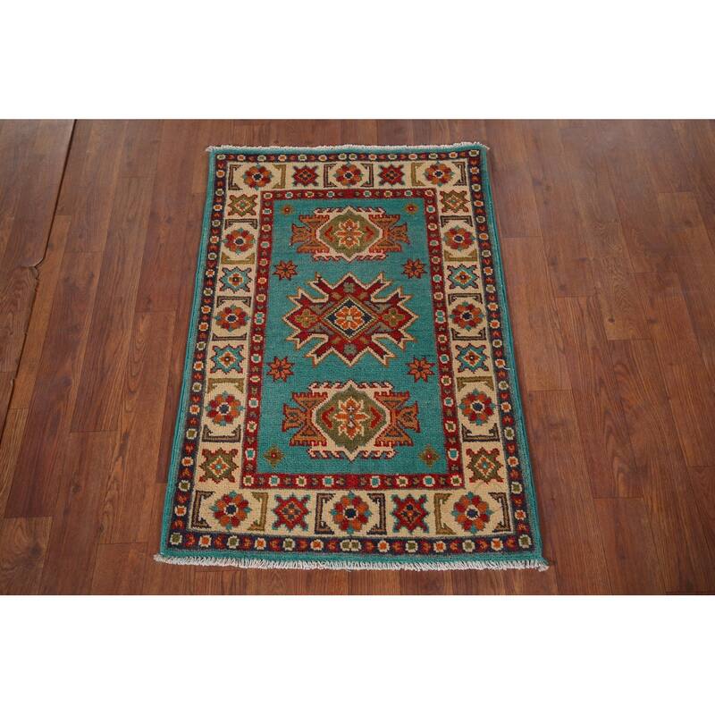 Turquoise Kazak Foyer Rug Hand-Knotted Wool Carpet - 2'0" x 3'0"