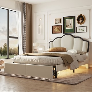 Full Size Upholstered Princess Platform Bed with LED and 2 Storage Drawers