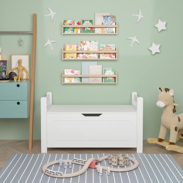slide 2 of 7, White Rubber Wood Kids Toy Storage Organizer Trunk with Flip-Top Lid/Safety Hinge