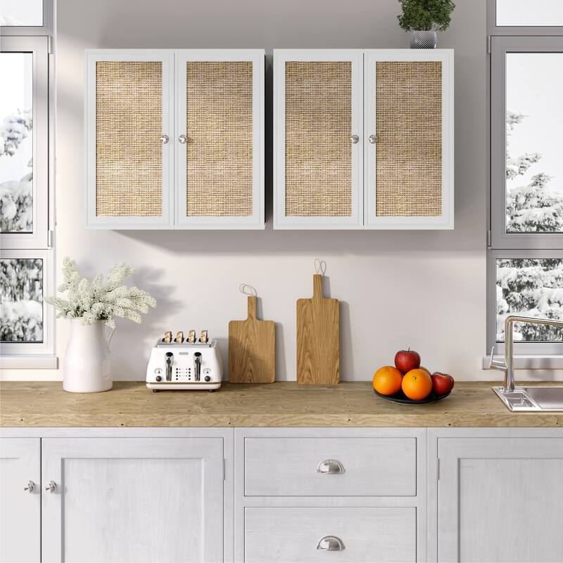 Rattan Wall Cabinets with Adjustable Shelf and LED Light Set of 2