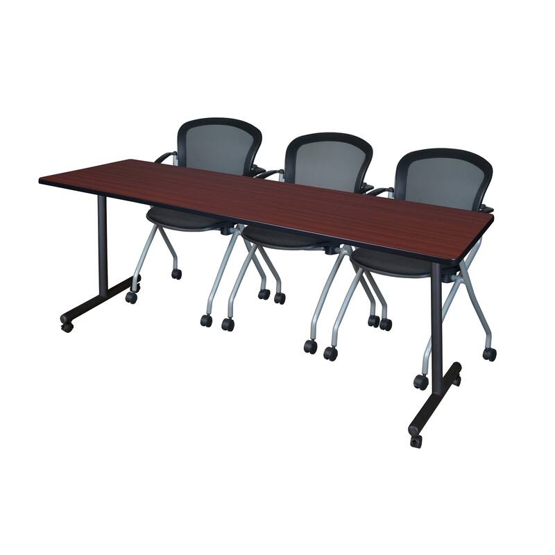 84" x 24" Mobile Training Table- Mahogany & 3 Chairs- Black