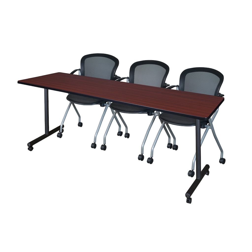 84" x 24" Mobile Training Table- Mahogany & 3 Chairs- Black