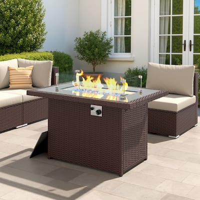 FINCATI 43" Outdoor Wicker Propane Fire Pit Table, 60,000 BTU Rectangular Patio Fireplace, Dual-fuel Natural Gas Convertible
