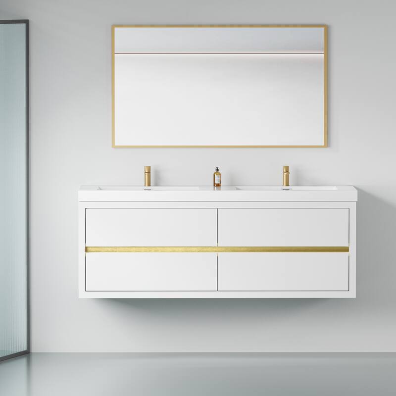 GDFStudio - Maxwell Floating Bathroom Vanity with Stone Resin Countertop & Soft-Close Drawers - 60" - White