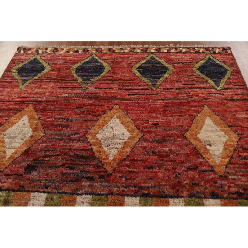 Hand Knotted Oriental 100% Wool Carpet Modern Tribal Red Moroccan Area Rug - 9' 11'' X 6' 9''