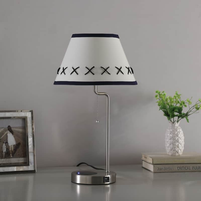 Silver Metal Bedside Lamp with Black Trim Shade and USB Charging Port - 6” x 6” x 20” (D x W x H)