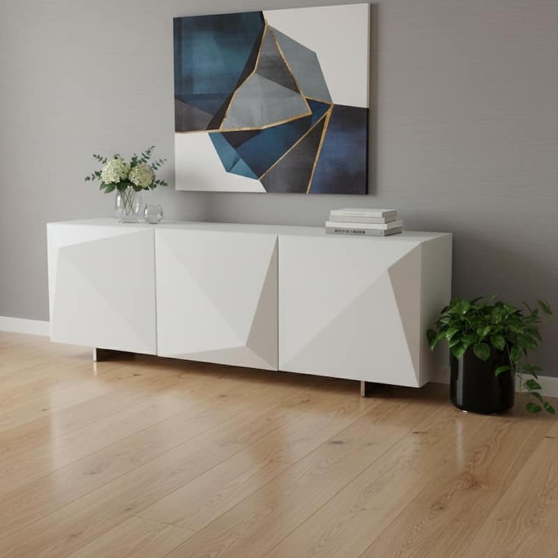 HomeRoots 87" White Wood Carved Geometric Sideboard With Three Doors - 87.00 in. x 29.00 in. x 20.00 in. - 87.00 in. x 29.00 in.  x 20.00 in.