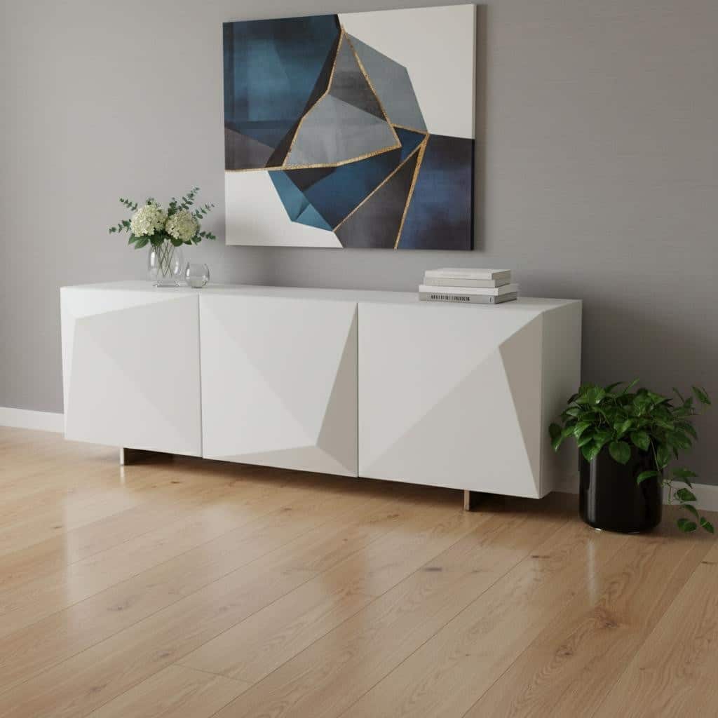 HomeRoots 87" White Wood Carved Geometric Sideboard With Three Doors - 87.00 in. x 29.00 in. x 20.00 in.