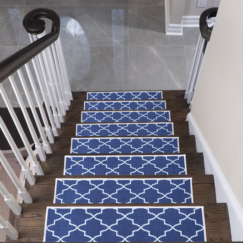 SussexHome Lattice Design 9" X 28" Stair Treads - 70 % Cotton Carpet for Indoor Stairs-Easy to Install with Double Adhesive Tape - Pack of 4 - Navy