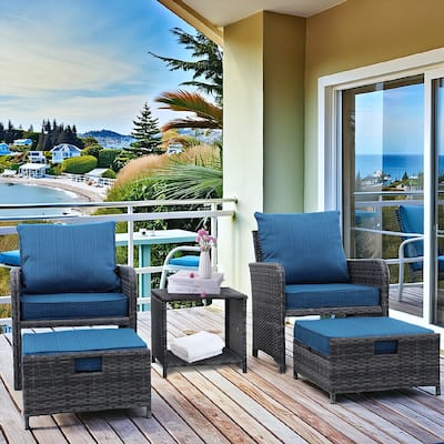5-Piece Wicker Patio Chair Set with Ottomans and Coffe Table