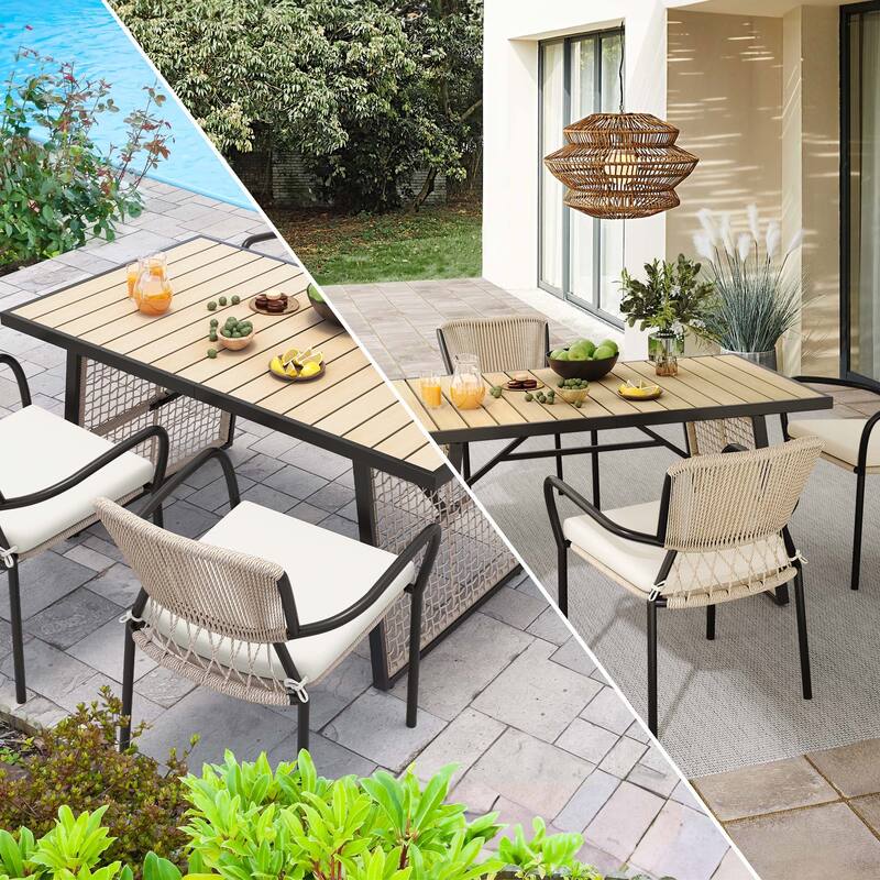 Moasis Faux Wood Tabletop Outdoor Rectangular Patio Dining Table for 4-6