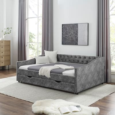 Linen Upholstered Daybed Frame with 2 Drawers & Tufted Backrest