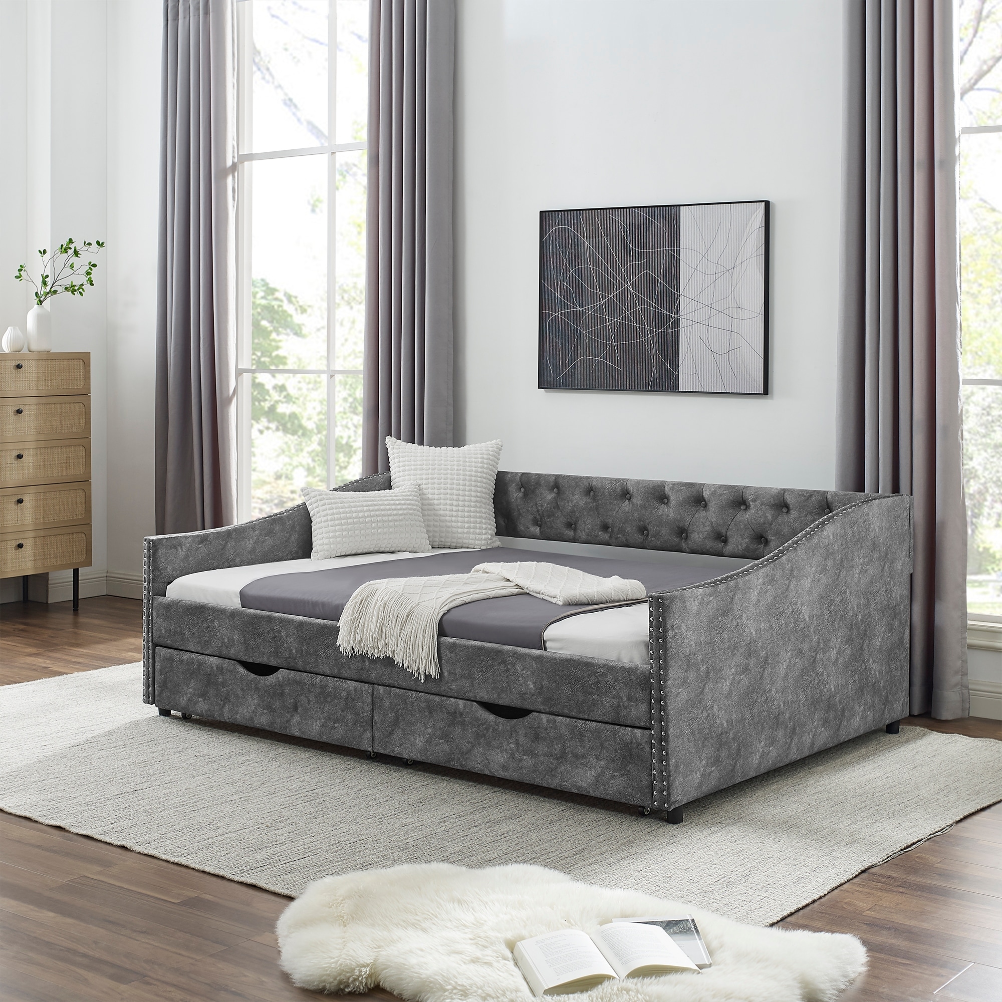 Roomfitters Twin/Full/Queen Upholstered Daybed with Tufted Backrest, Nailhead Trim and Underbed Storage Trundle, Grey