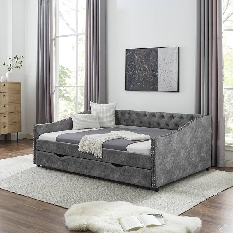 Tufted Button Daybed with 2 Storage Drawers/Upholstered Sofa Bed Frame w/Copper Nail on Waved Shape Armrests/No Spring Box Need