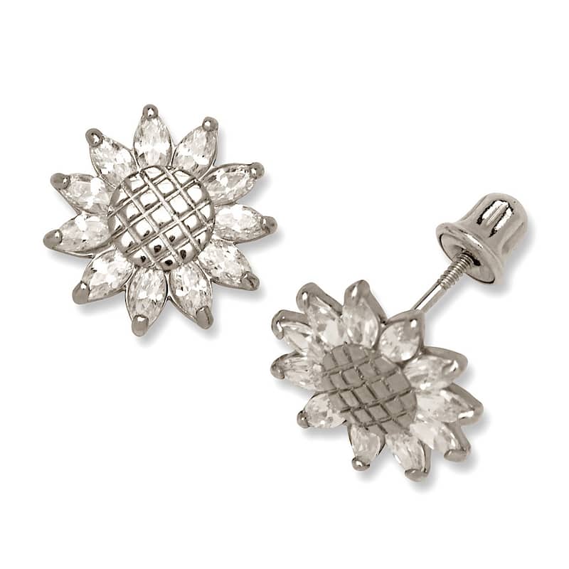 Curata 14K Gold Cubic Zirconia Textured Sun Flower Screw Back Earrings - White