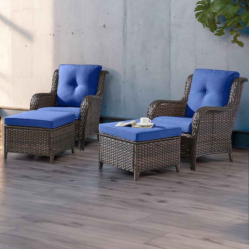 Pocassy Outdoor Patio Chairs with Ottomans Set of 4 - Brown/Blue