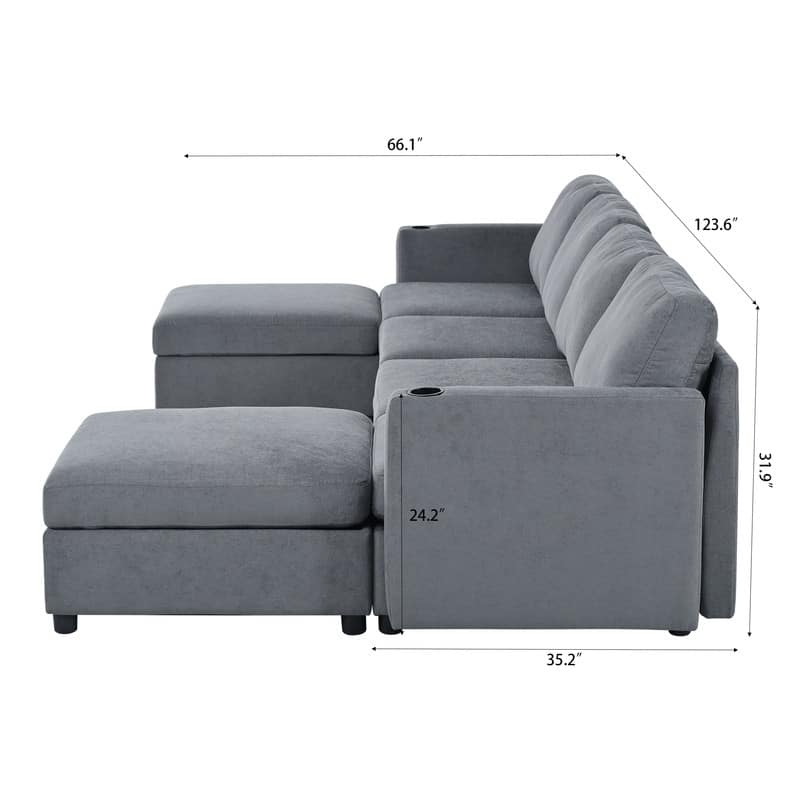 Modern U-Shape 6-Seater Sectional Sofa Bed with Storage Ottomans, Chenille Fabric