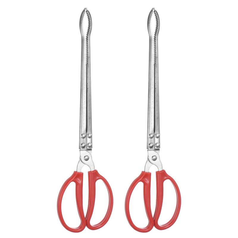 2pcs Long Scissor Tongs 15 Inch Stainless Steel Clamp Tongs Anti-Slip Tool Clip - Red - 15"