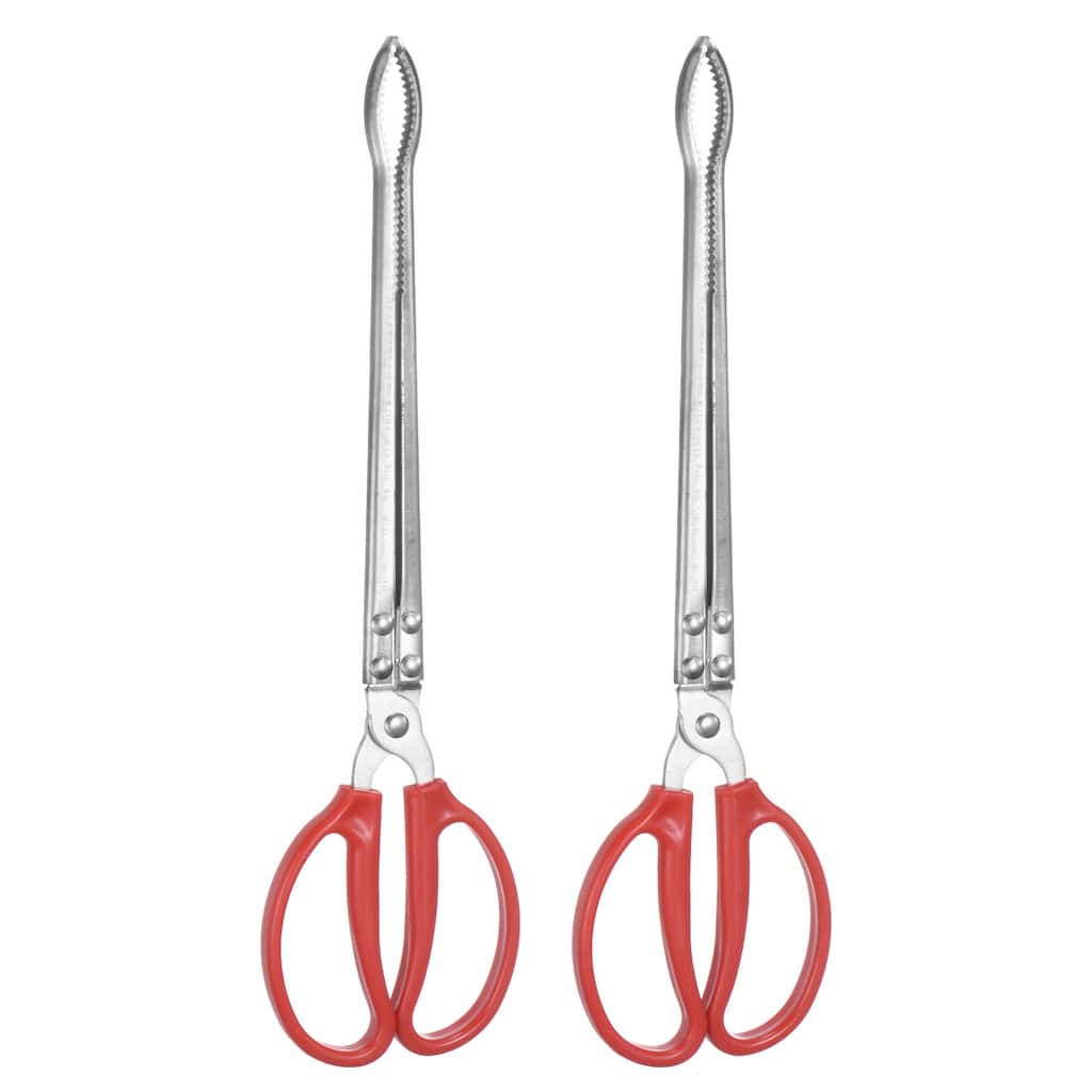 2pcs Long Scissor Tongs 15 Inch Stainless Steel Clamp Tongs Anti-Slip Tool Clip - Red - 15"