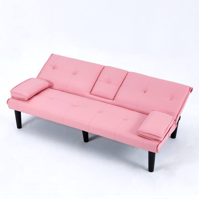 67-inch Pink PVC Multi-functional Foldable Sofa Bed with Cup Holder