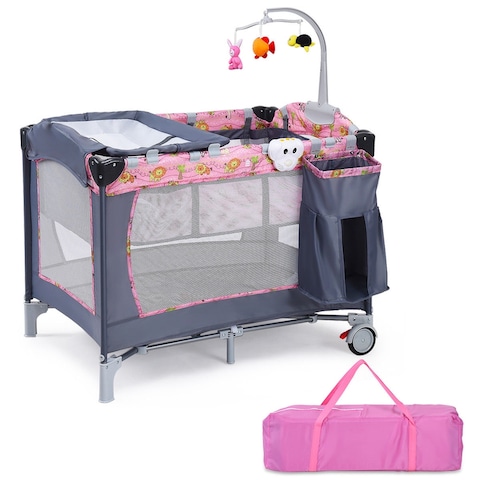 Costway Foldable Baby Crib Playpen Playard Pack Travel Infant Bassinet Bed Music Pink - 40'' x 27.5'' x 30''