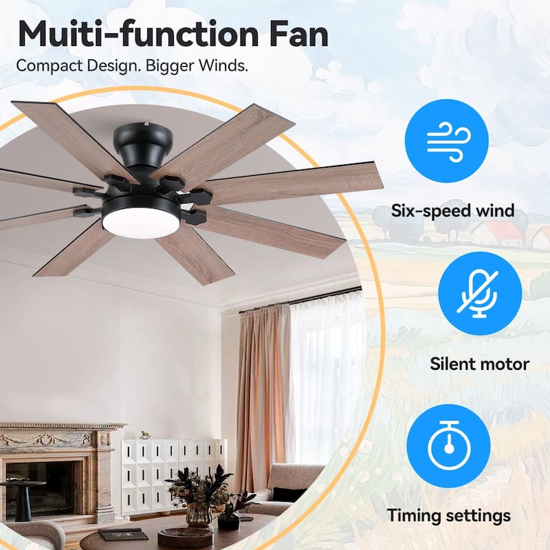 52 Inch Flush Mount Ceiling Fan with Light,8 Blades,Reversible Airflow,DC Motor,Remote and APP Control - 52 Inches