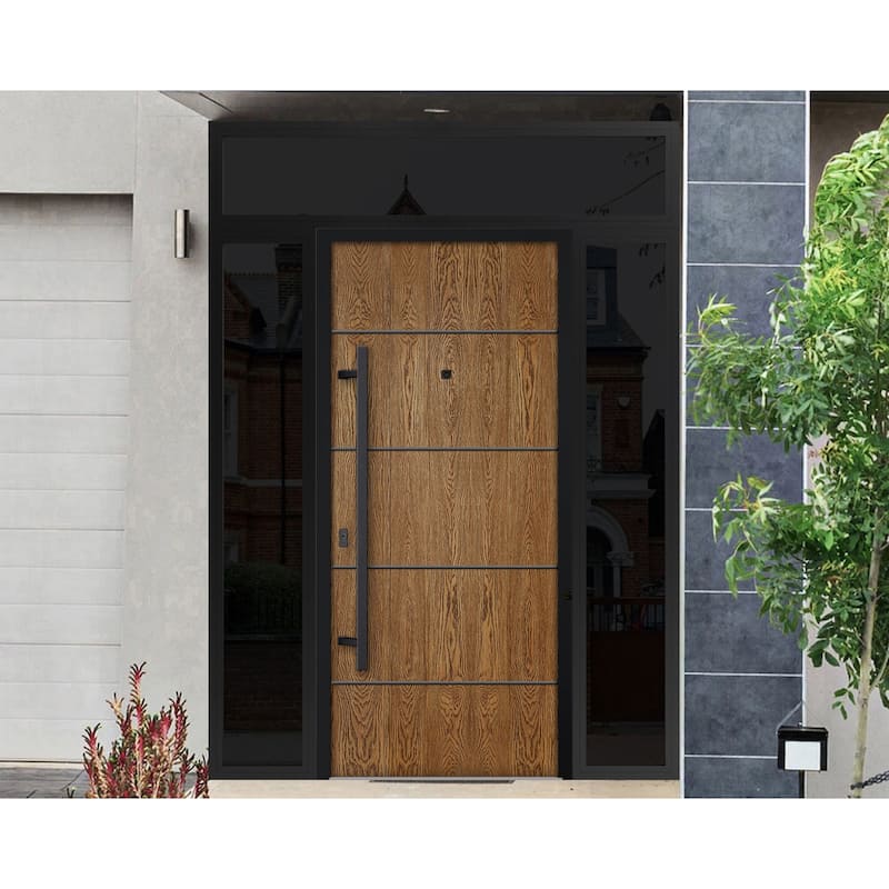 Exterior Prehung Steel Entry Door 0131 Black Enamel 2 Sidelites Top Window Stainless Steel Inserts W16+36+16xH80+16