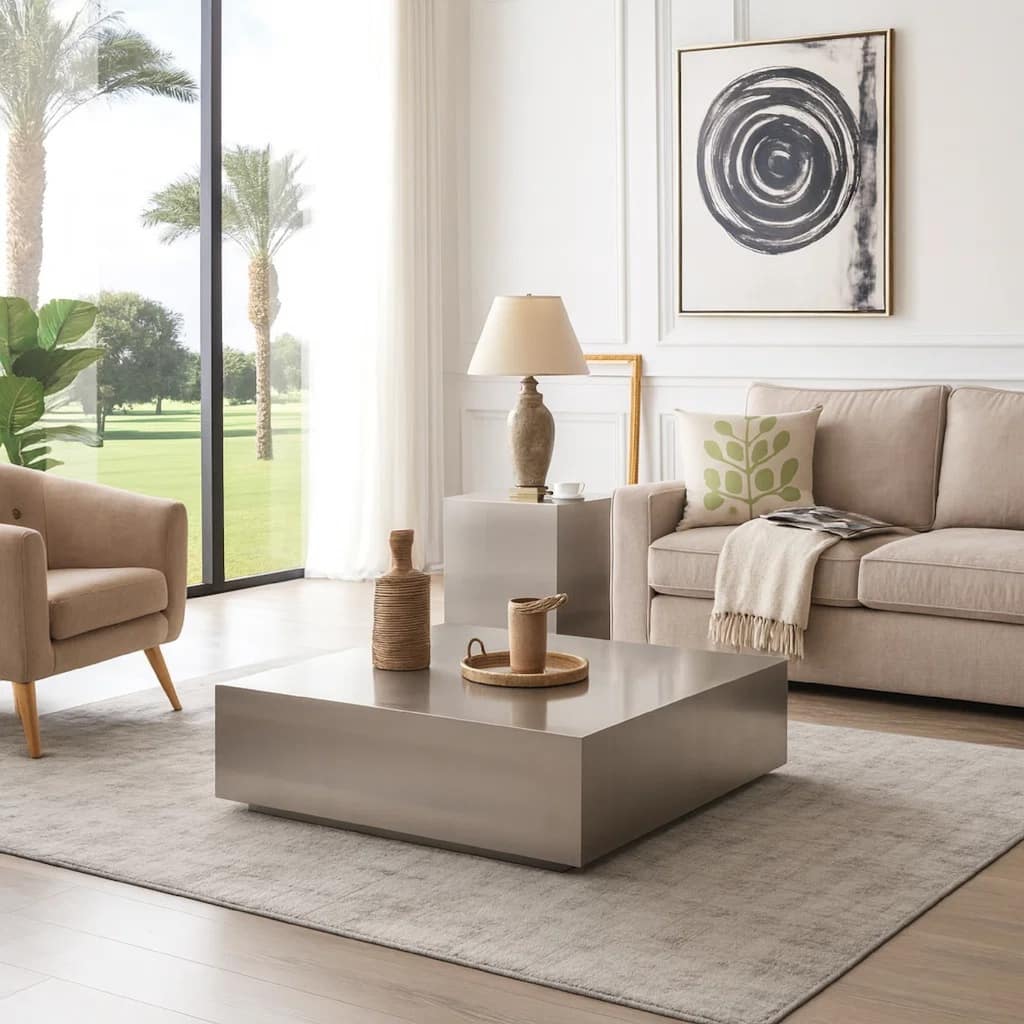 Contemporary Style Stainless Steel Coffee Table In Square Shape, Gray