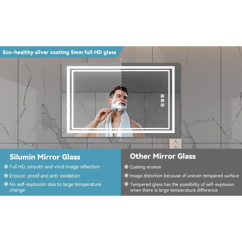 Silver LED Bathroom Mirror with Touch Dimmer, Anti-Fog, Adjustable Different brightness - 24" L x 40” W