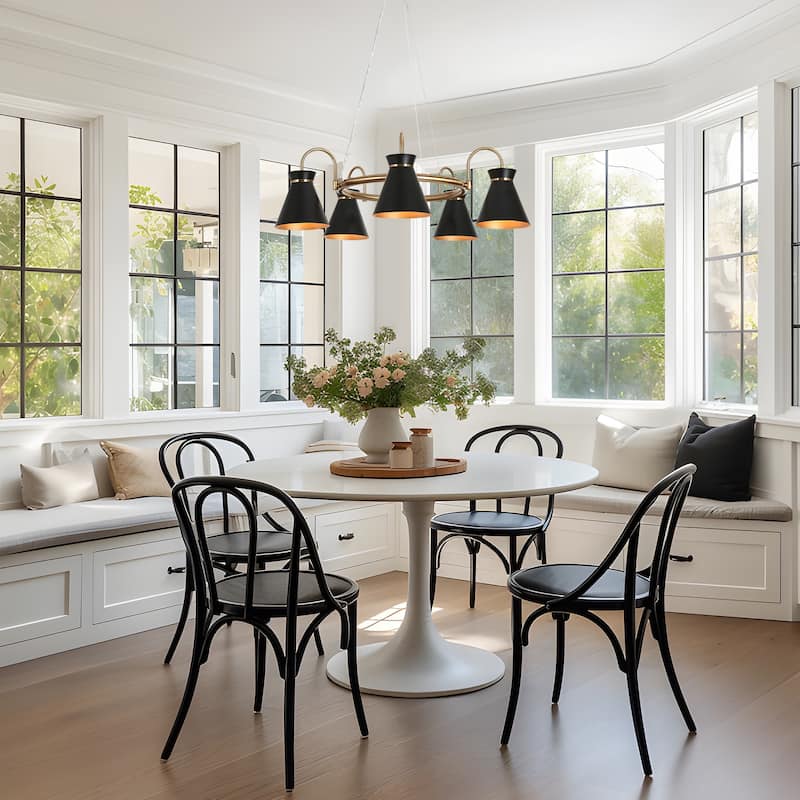 Modern 5-Light Black Gold Wagon Wheel Chandelier Metal Pendant Lights for Dining Room - 29''W x 29''D x 6''H