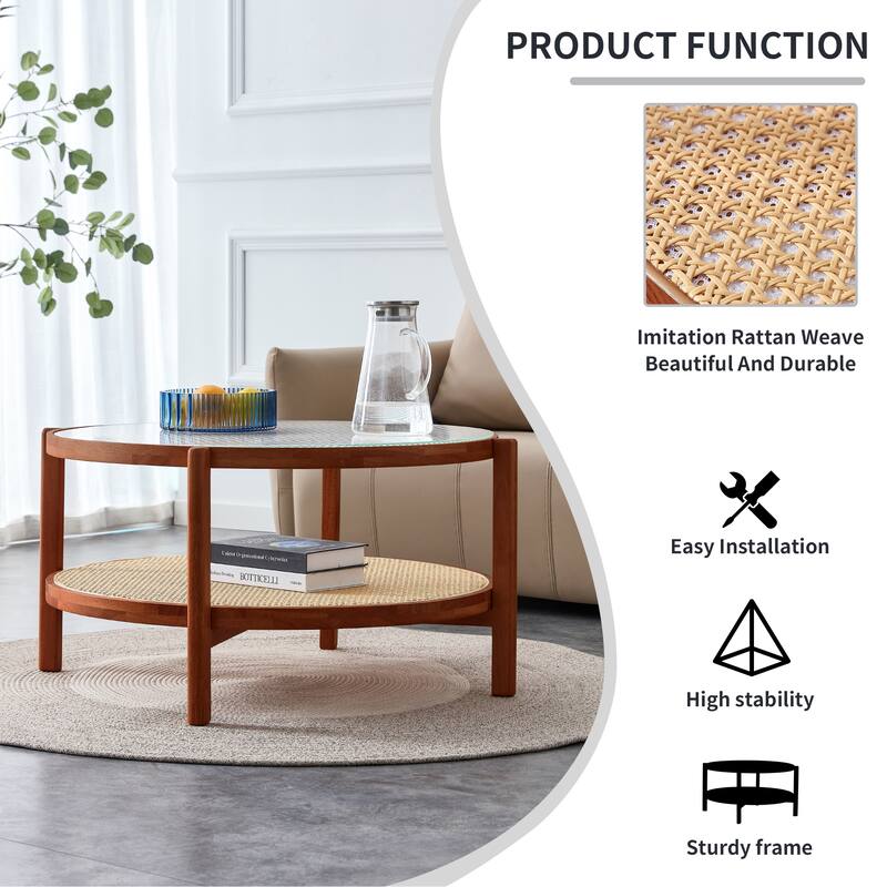 Circular Double-Layer Coffee Table, Glass Coffee Table with Open Rattan Storage Shelf Solid Wood Frame Tea Table