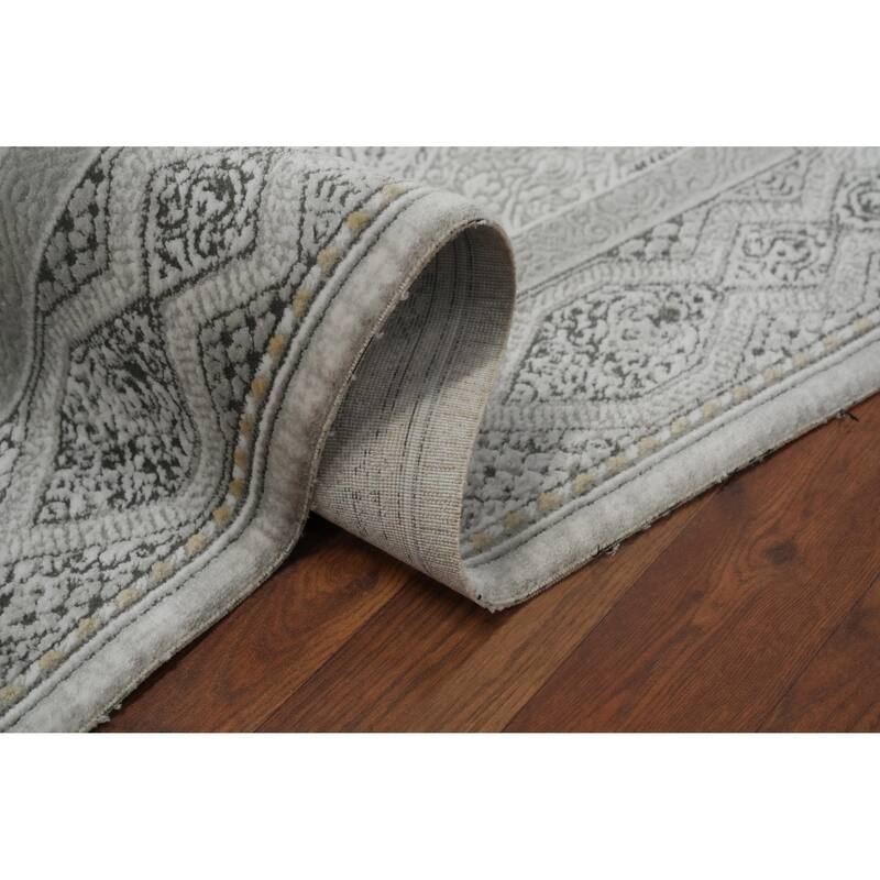 Machine Made Oriental Polyester Carpet Traditional Medallion Greys & Charcoal Tabriz Area Rug - 7' 5'' X 5' 2''