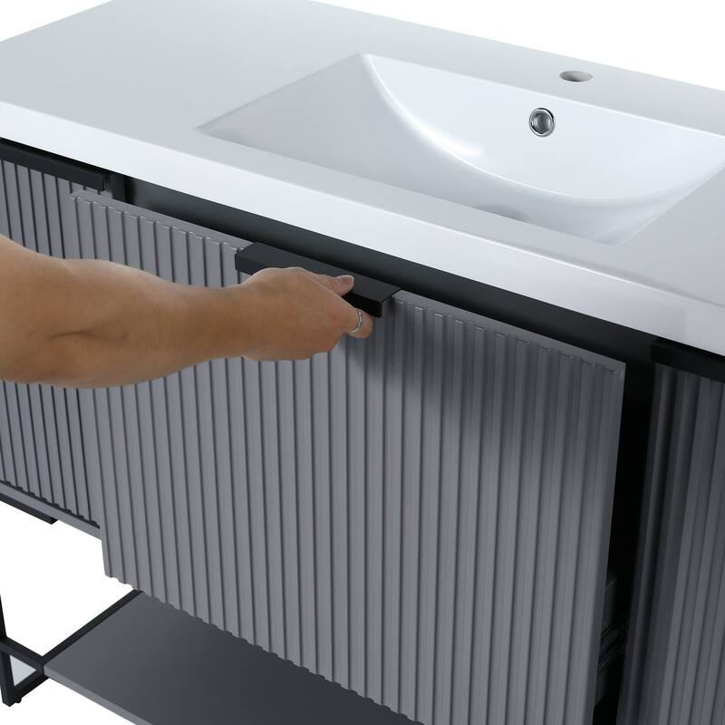 48 inch Rock Grey Plywood Freestanding Bathroom Vanity Set with Open shelf and Integrated Resin Sink