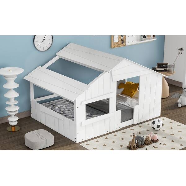 dimension image slide 1 of 2, White Full Size Solid Wood House Bed with Roof, Window, and Guardrail