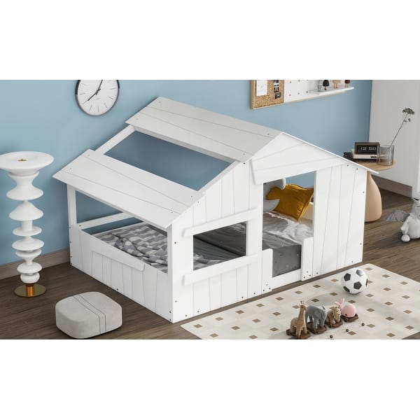 dimension image slide 0 of 5, Wood House Bed with Roof & Door, Window and Guardrail