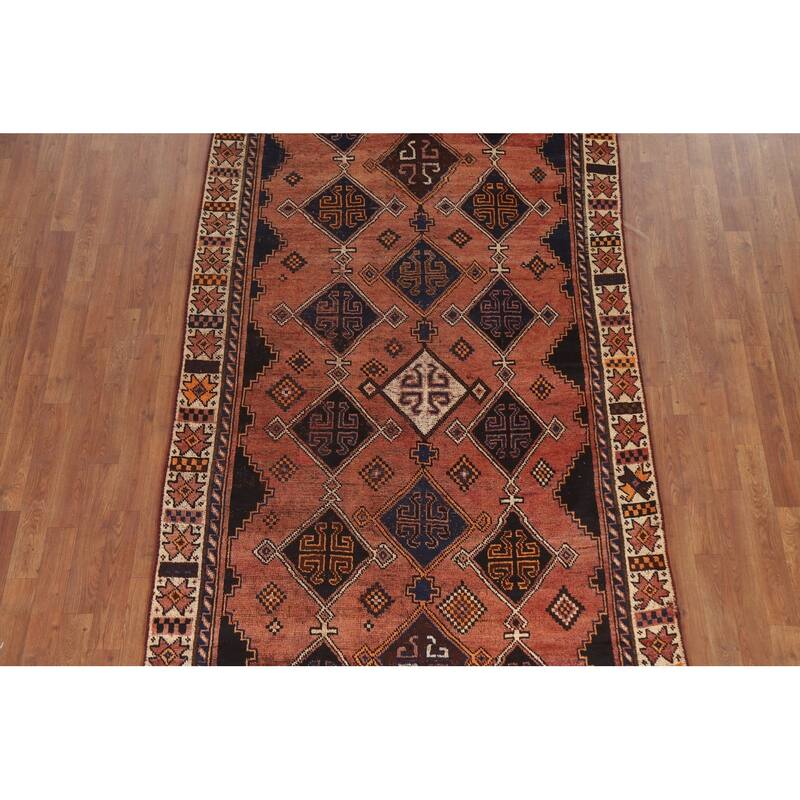 Hand Knotted Oriental 100% Wool Carpet Traditional Geometric Oranges & Rust Qashqai Area Rug - 9' 1'' X 4' 9''