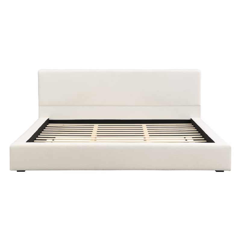 King Size Bed Frame with Thick 8" Headboard/Upholstered Platform Bed Frame/Solid Wood Support Slats/No Box Spring Needed/Beige