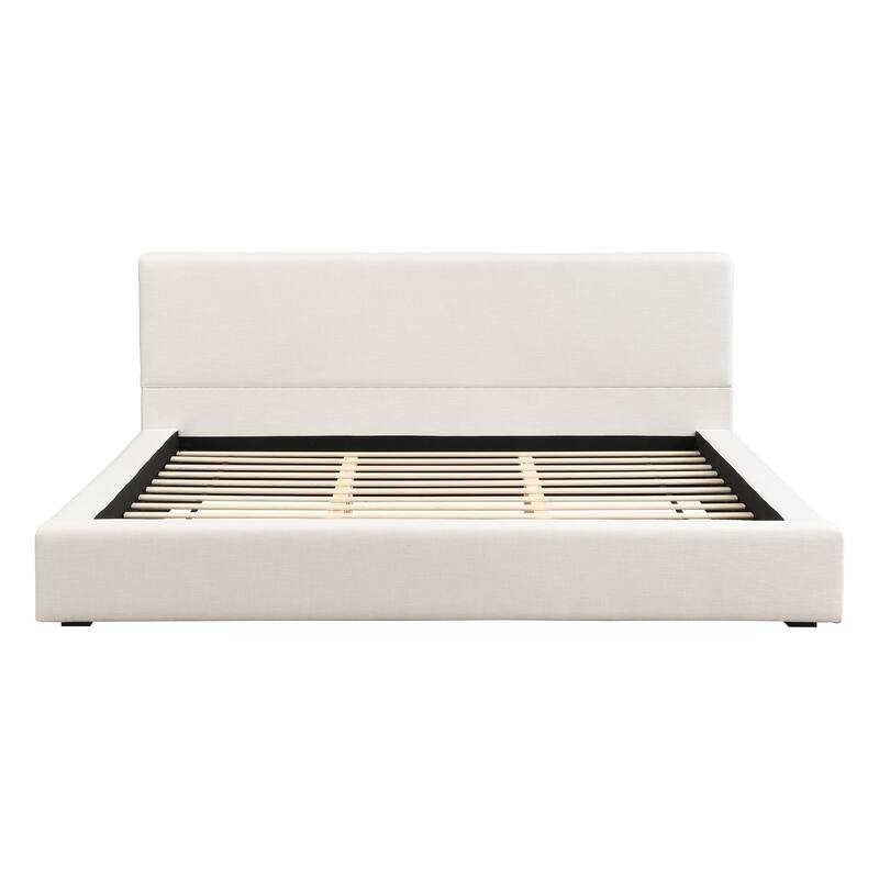 Modern Wooden Upholstered Linen Platform Bed with Thick Padded Headboard, No Box Spring Needed