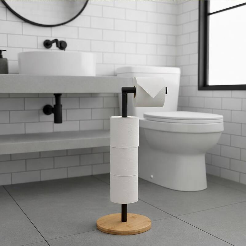 Freestanding Toilet Paper Holder Stand with Bamboo Base - Diameter 7 inches x 21.5" H - Black/Natural