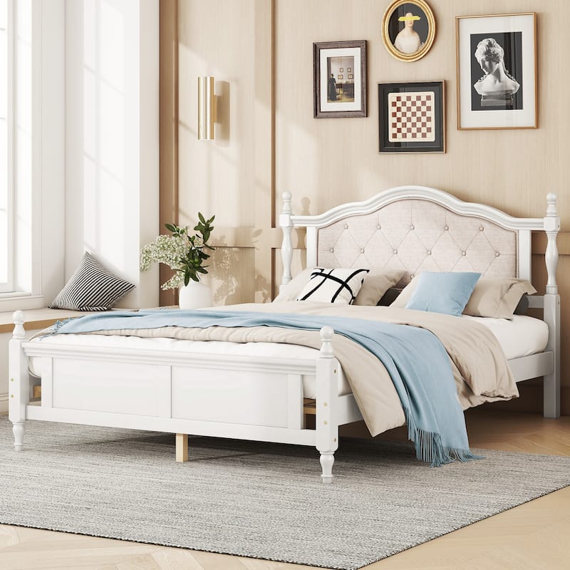 Classic Platform Bed Wooden Frame Queen Size Bed with Upholstered Tufted Headboard, Panel Footboard and Central Support Feet