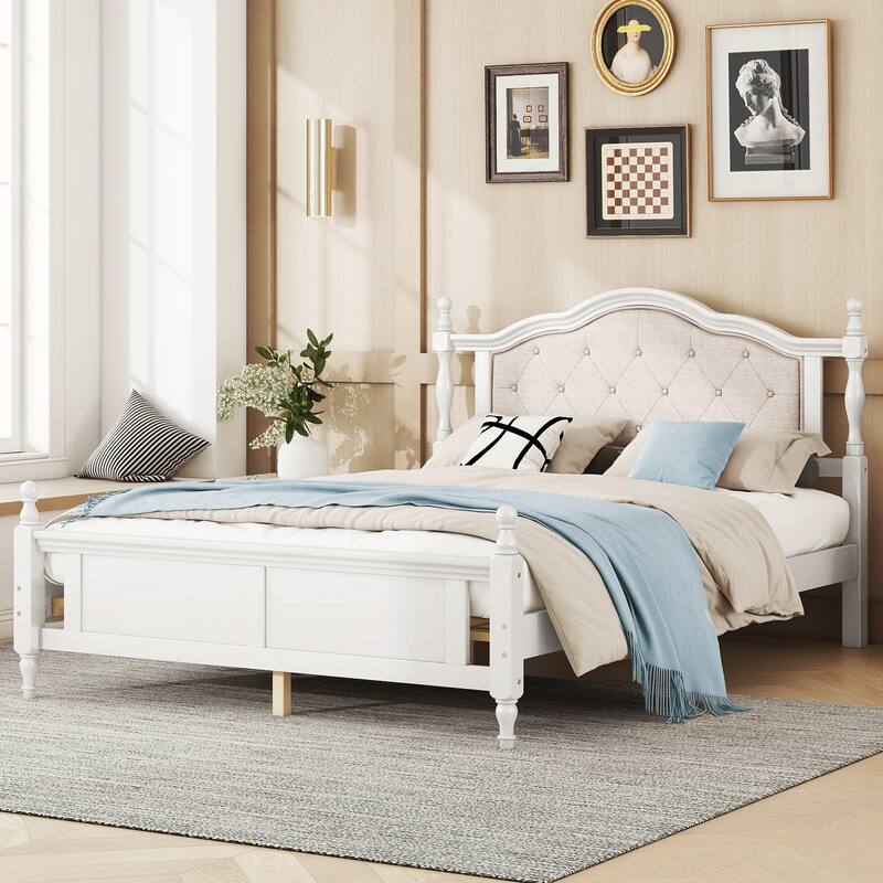 Queen Pine Wooden Bed w/ Panel Footboard w/ 2 Bed Rail Support Feet & Central Platform Support Feet, Walnut
