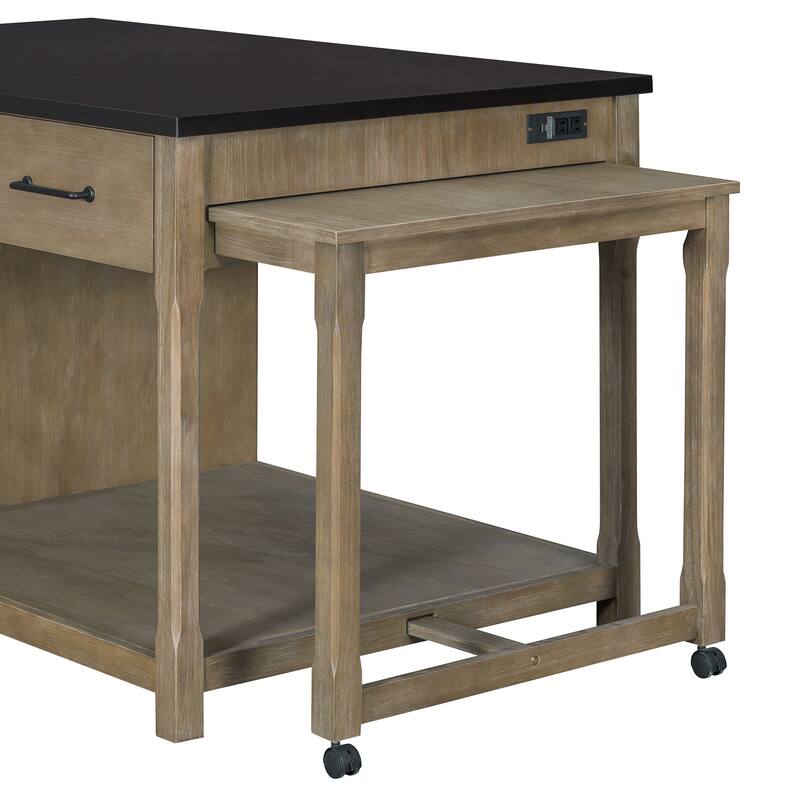 Extendable Kitchen Island with Storage, Rolling Kitchen Cart with Built-In Power Outlets, Retro Kitchen Island on Wheels
