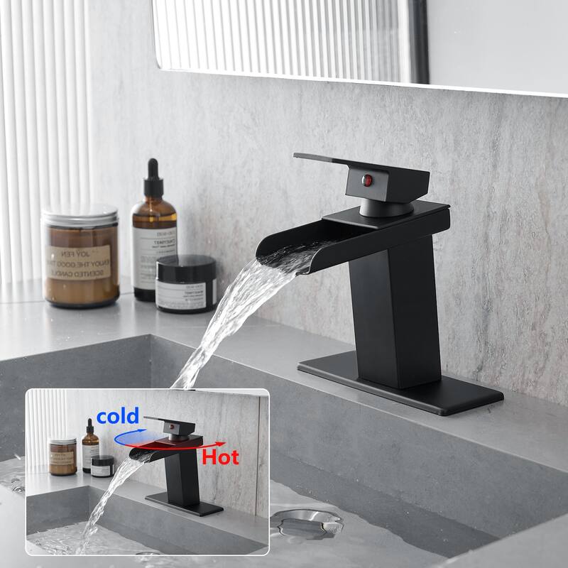Modern Single Handle Waterfall Bathroom Sink Faucet with Overflow Pop Up Drain, Rust Resistant, Single Hole