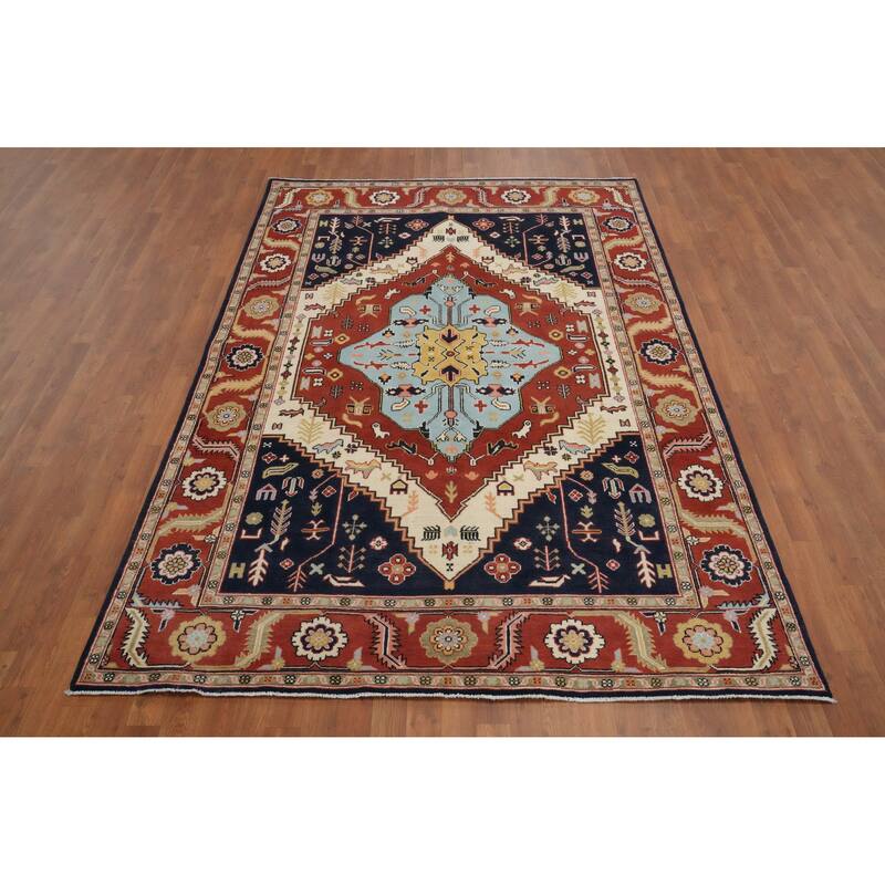 Hand Knotted Oriental 100% Wool Carpet Traditional Medallion Oranges & Rust Heriz (serapi) Area Rug - 9' 0'' X 6' 0''
