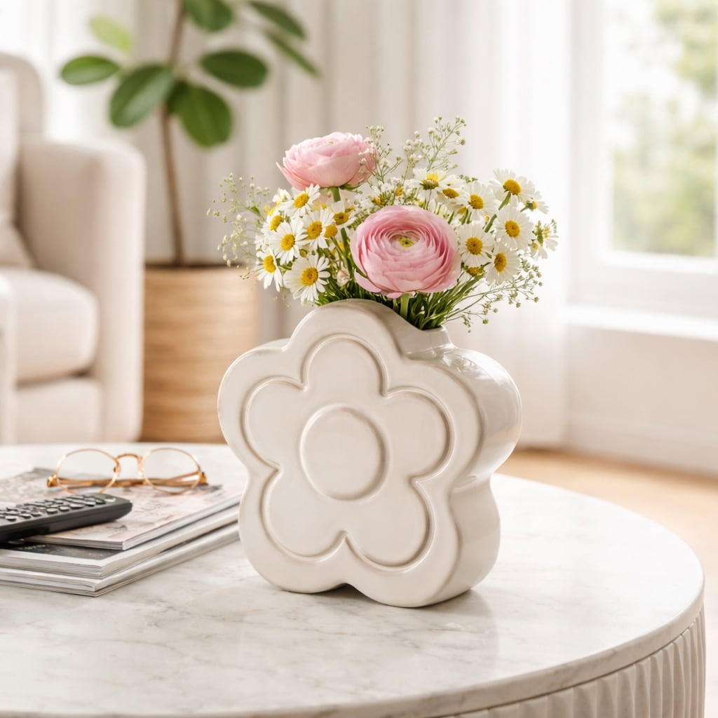Decorative Vase - Ivory Ceramic Power Flower Shape, 7 in.