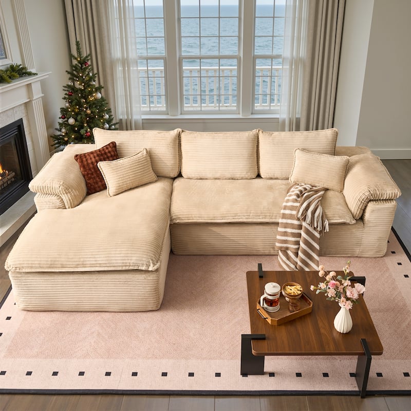 HOOOWOOO Modern Corduroy Fabric L-shaped Sectional Couch Chaise Sofa - Beige-LeftChaise